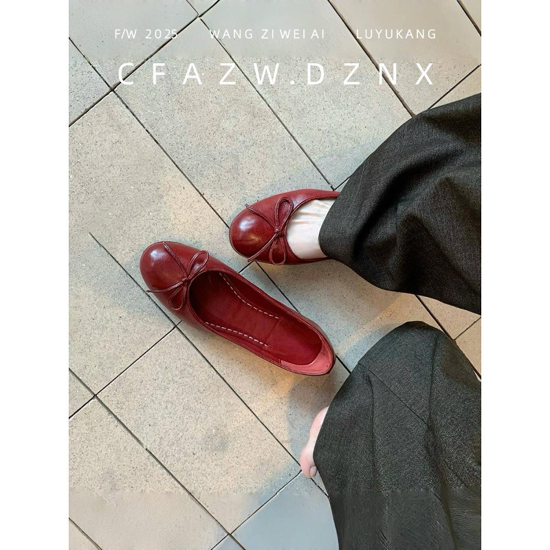 Super Soft Horse Leather ~ French Genuine Leather Retro Bow Shoes for Women Autumn New Flats Shallow Mouth Ballet Mary Jane Shoes