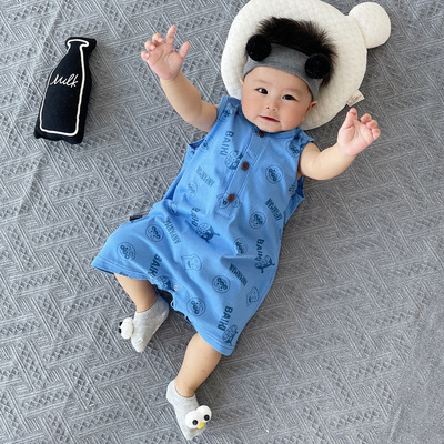 網紅嬰兒無袖夏裝連體衣夏季薄款寶寶衣服男可愛超萌哈衣外穿爬服