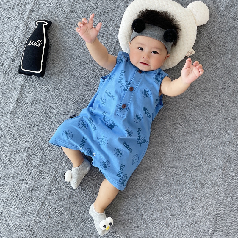 網紅嬰兒無袖夏裝連體衣夏季薄款寶寶衣服男可愛超萌哈衣外穿爬服