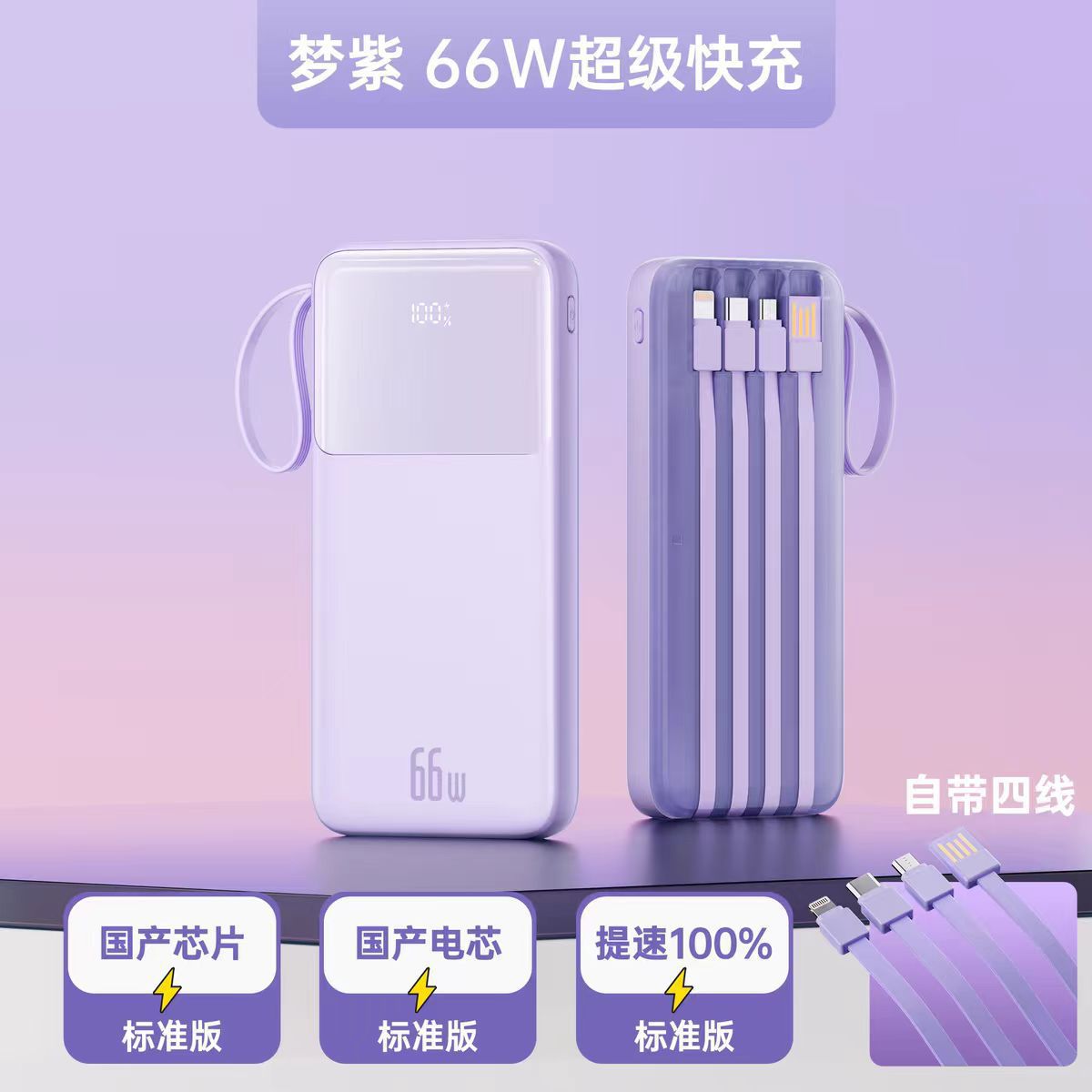 Batería Externa Portátil con Cable 66W 20000mAh de Plástico de Carga Rápida
