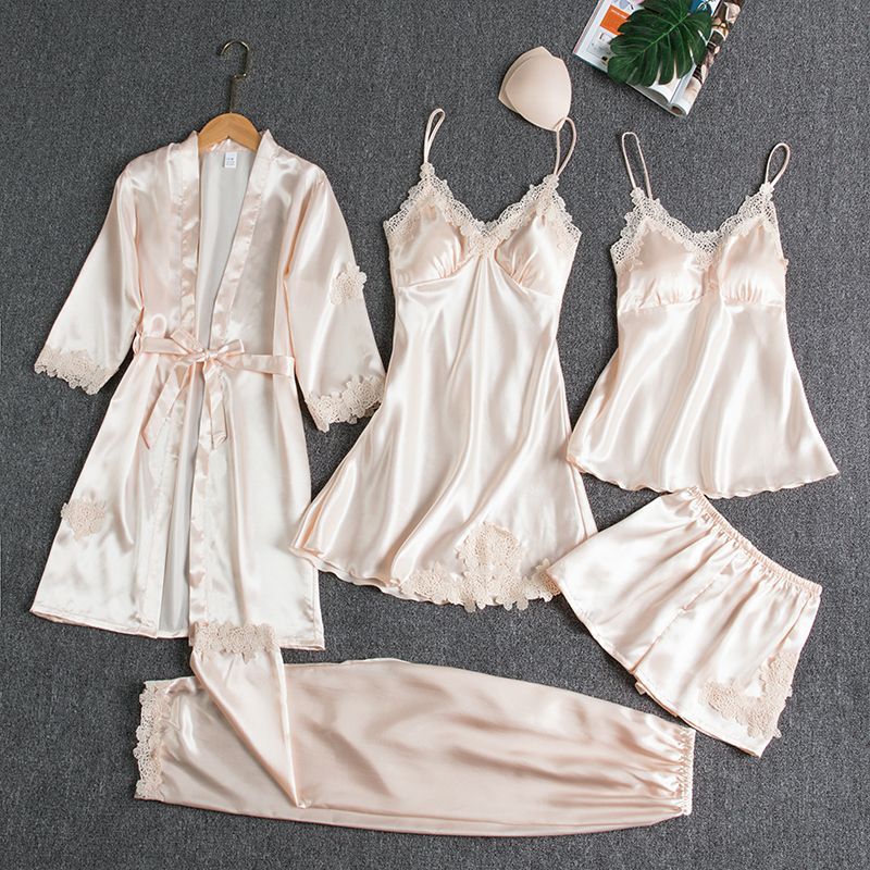 Women's Spring, Autumn and Summer Five-Piece Pajamas with Breast Pads, Women's Silk Pajamas, Sexy Suspender Skirts, Long-Sleeved Nightgowns, Home Clothes