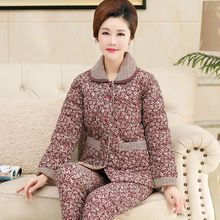 中老年睡衣女秋冬季纯棉夹棉三层家居服中年妈妈加厚保暖套装