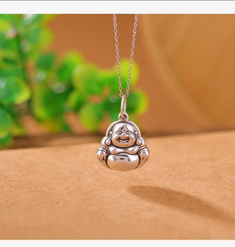 Mặt dây chuyền Phật Di Lặc bạc S999 cổ điển, mặt bóng, phong cách Trung Quốc, nụ cười mở mặt — Mặt dây chuyền đơn (không có dây chuyền) chi tiết 3