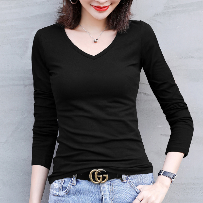Black Long Sleeve Autumn Clothes Base Shirt Tight Slimming Top V-Neck Elastic White T-Shirt for Women in Spring and Autumn 2024