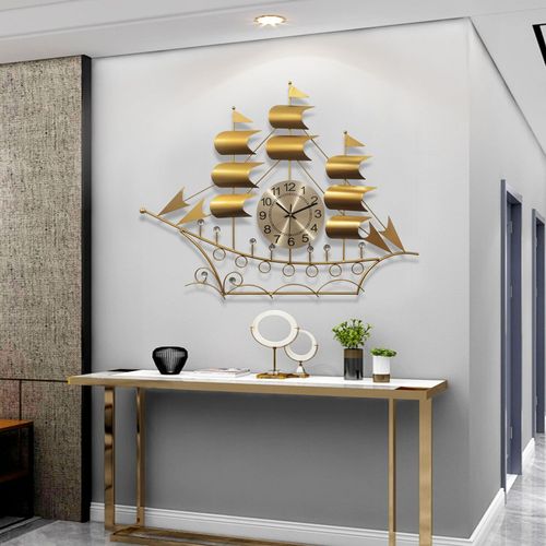 Clock New Chinese Style Wall Clock Living Room Home Use Fashion Minimalist Creative European Light Luxury Gold Sailboat Wall Mounted Clock