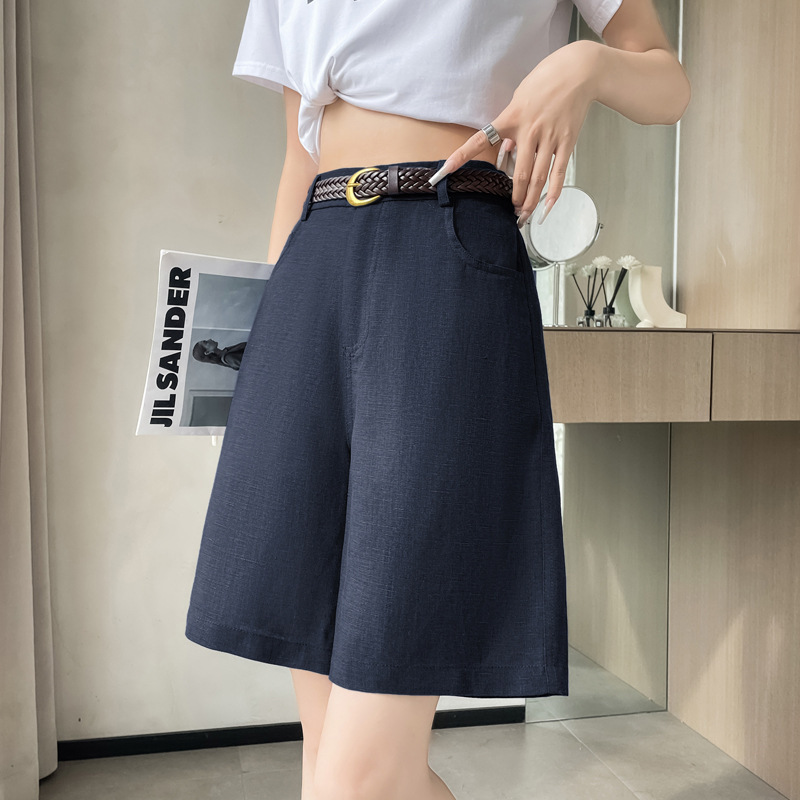 女性用リネンショートパンツ、夏用薄手ハイウエストスリムワイドレッグパンツ、ゆったりカジュアルストレートレッグ万能スーツミッドパンツ|undefined