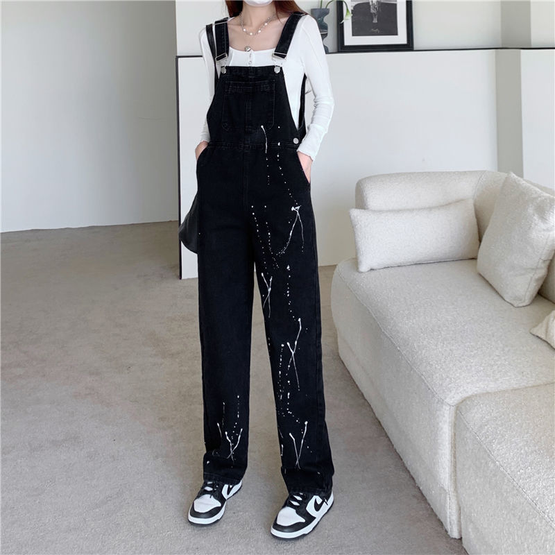 Splashed Ink Denim Overalls for Women in Autumn and Winter New Large Size Fat Korean Style Loose Straight High Waist Slim Jumpsuit