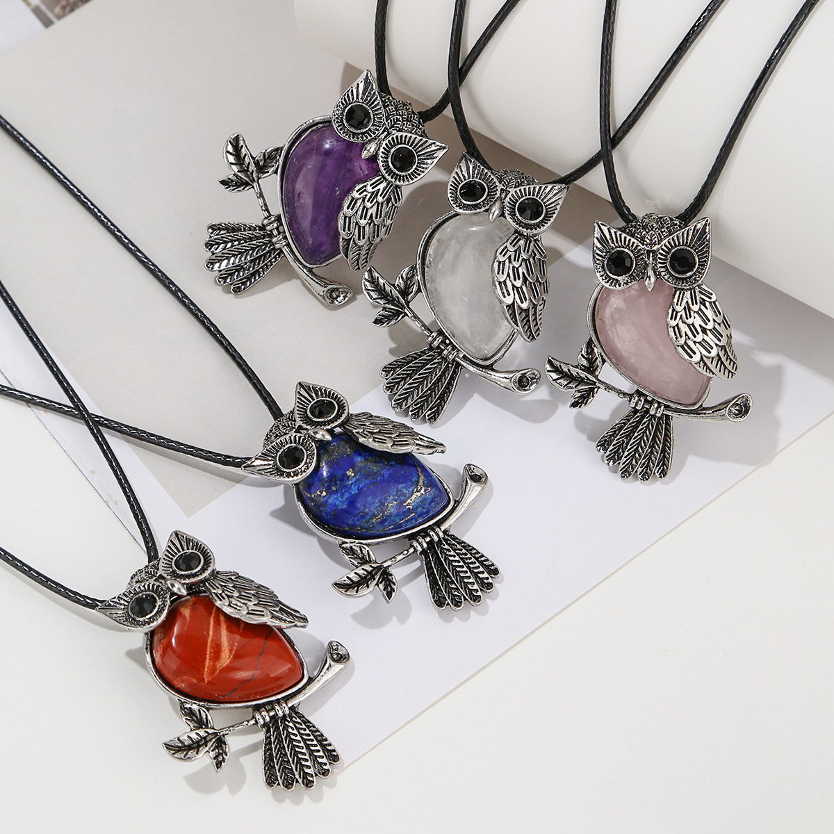 Zhouhang Jewelry Cross-Border Hot-Selling Natural Crystal Pendant with Amethyst Owl Necklace Jewelry Wholesale