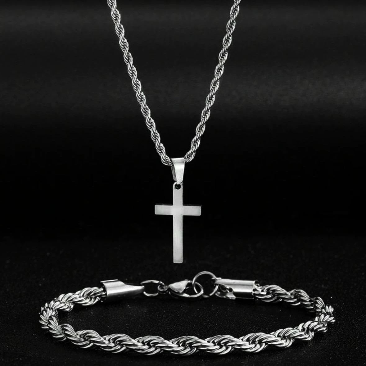 Комплект ювелирных изделий Cross, унисекс, ожерелье из титаново-стального сплава 60 см, браслет 22 см, кольцо Ø 2 см