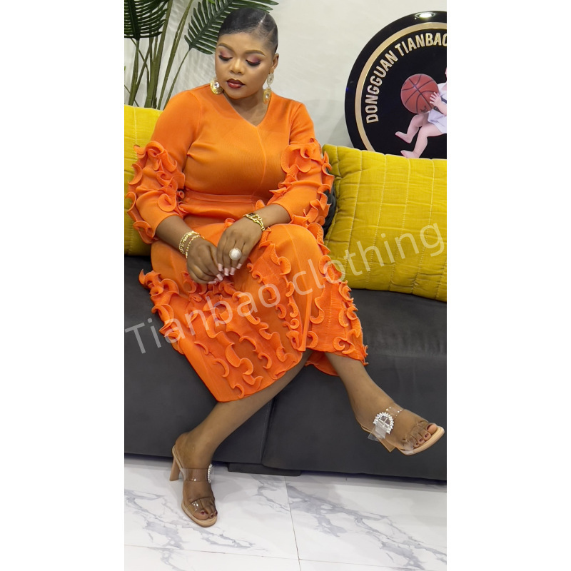 Tianbao pleated women's clothing 2023 wholesale new solid color tight V-neck long sleeve temperament plus size women's dress