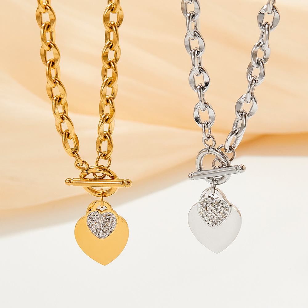 9g Weight 0.03µm-0.05µm Gold Plating Thickness Fashion Heart Shape Stainless Steel Titanium Steel Plating Inlay Zircon Bracelets Earrings Necklace