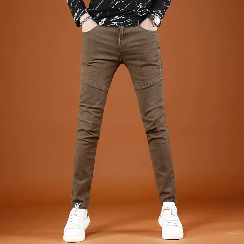 Армейские зеленые джинсы, мужские модные брендовые облегающие брюки для маленьких ног, новинка 2021 года, мужские стильные повседневные длинные брюки с сращиванием