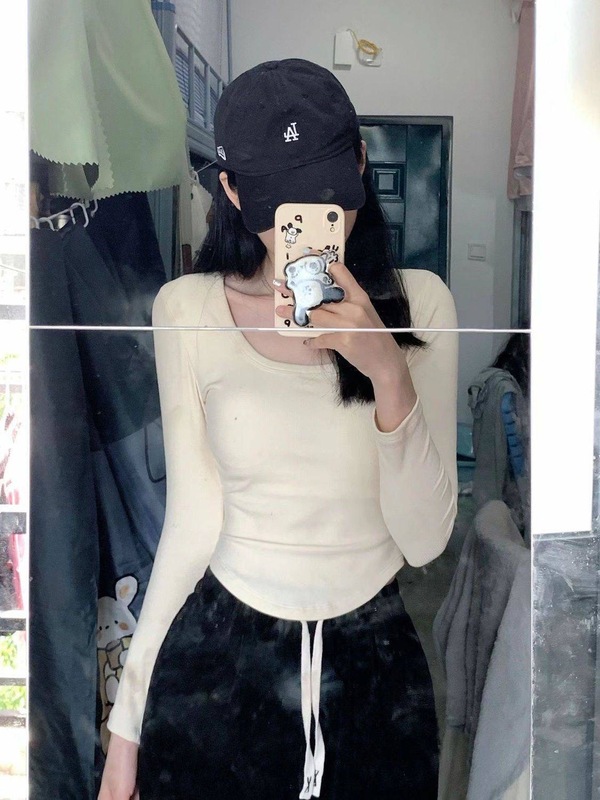 正肩U领减龄t恤女甜辣春秋内搭短款上衣女薄款修身显瘦长袖打底衫|undefined