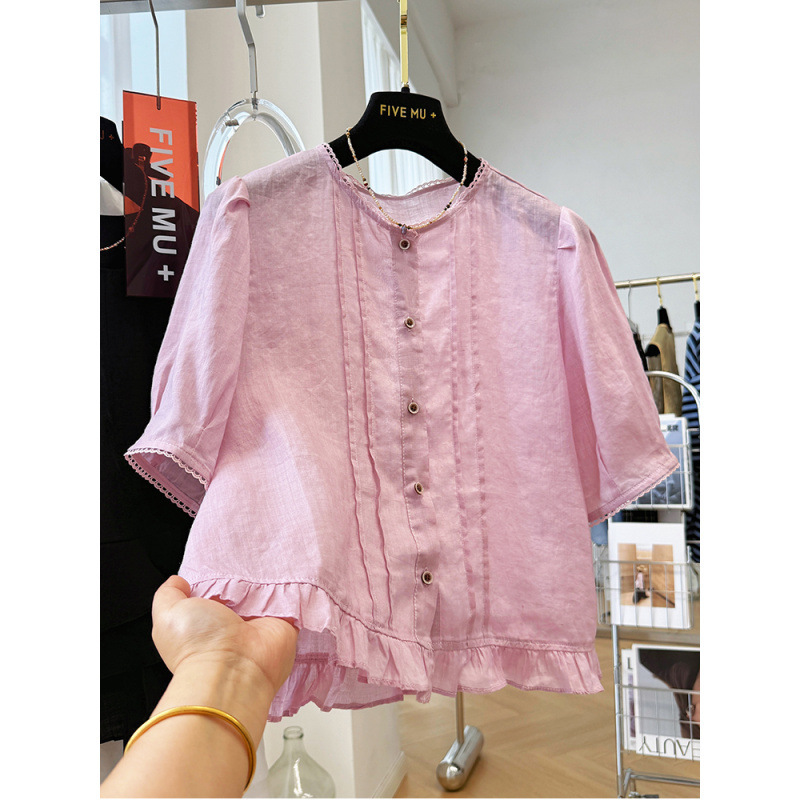 フレンチリネンラウンドネック半袖シャツ女性用夏薄いニッチ多用途ルーズコットンとリネンシャツトップ|undefined