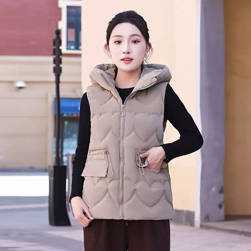 百搭秋冬新款棉马甲纯色大口袋棉服坎肩中长款爱心背心修身型厚实