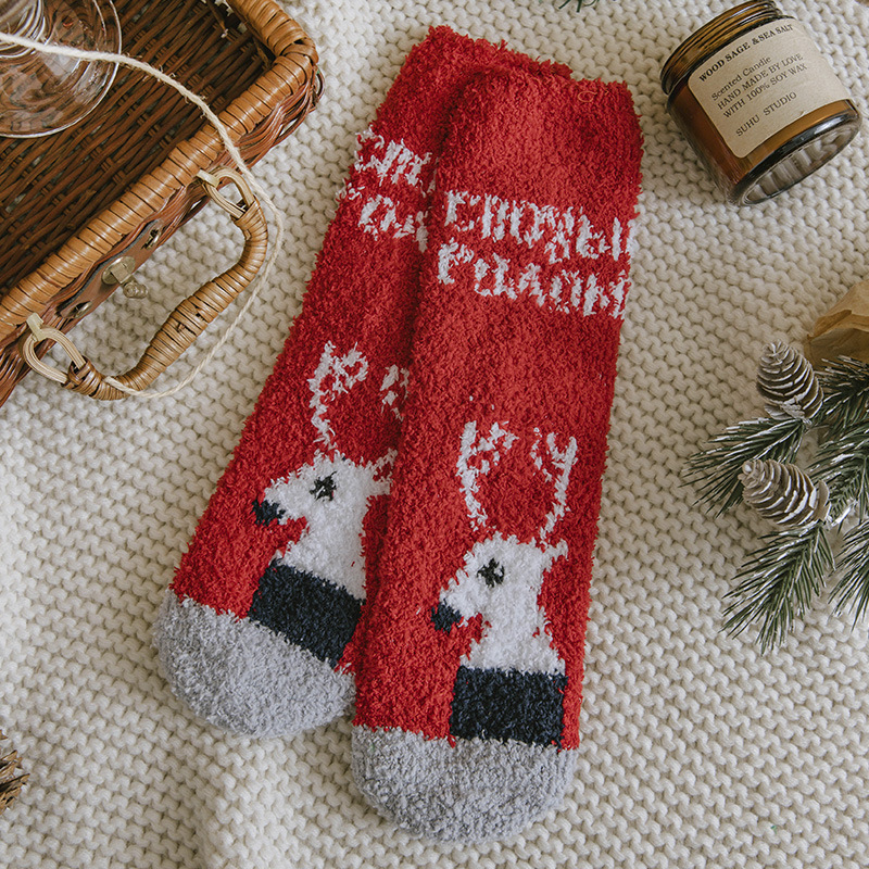 Calcetines de Felpa para Piso Vellón de Coral y Poliéster Térmico, Secado Rápido, Engrosado para Navidad