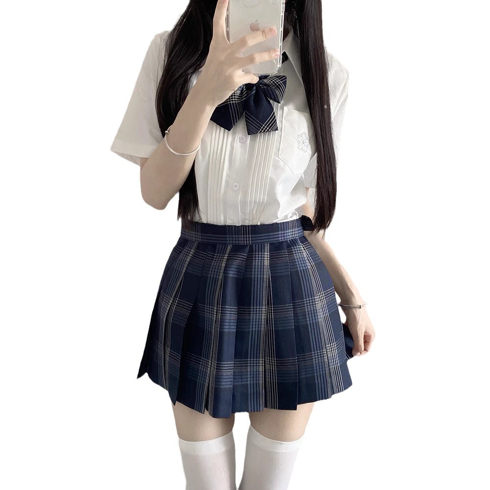THORNY RABBIT 오리지널 JK 우미 사쿠라 반팔 셔츠 일본 제복 대학 스타일 사키 체크 무늬 스커트 아코디언 플리츠 셔츠 가을, 겨울