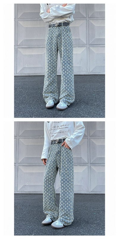 Men's Blue Jacquard Pattern Straight Jeans Flared High Street_voghion.com