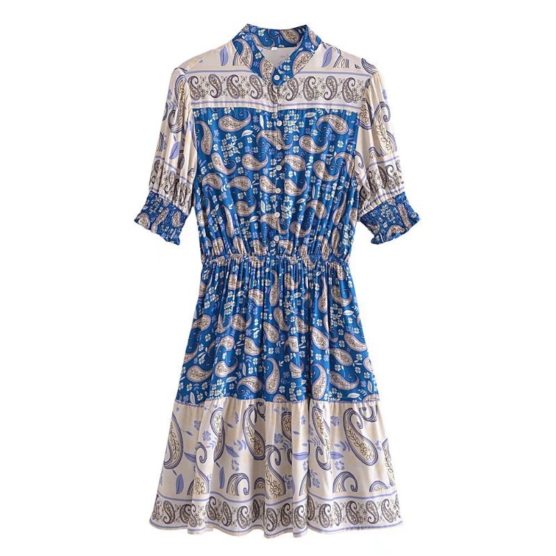 Short-sleeved stand-up collar casual flower print dress NSXDX121514