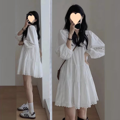 春夏法式白色泡泡袖衬衫连衣裙女春秋新款学生长袖穿搭中长款裙子