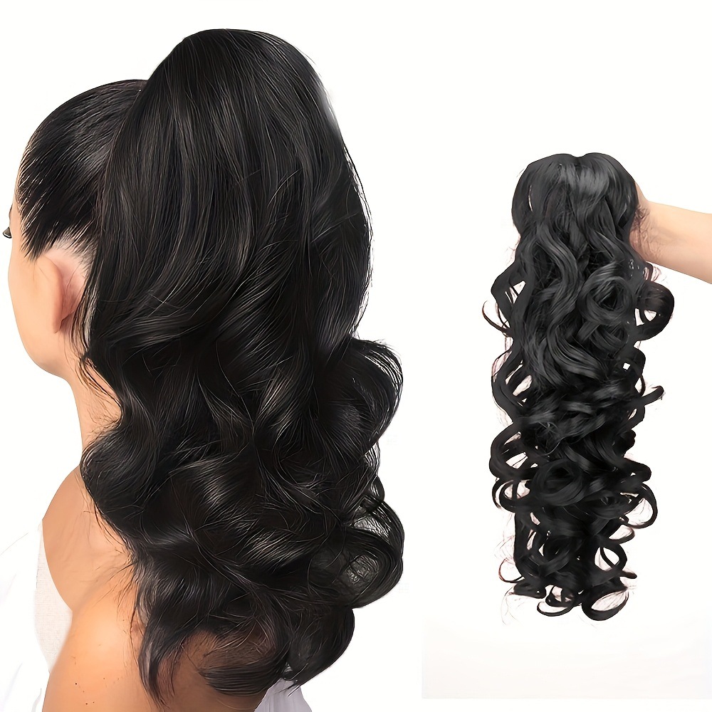 16inch Brown Black Textured Curly Hair Synthetic Fiber Claw Clip Style Ponytail_voghion.com