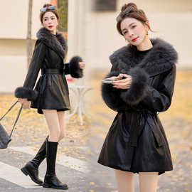 时尚奢华狐狸毛大翻领PU皮羽绒服女冬季中长款收腰显瘦白鸭绒外套