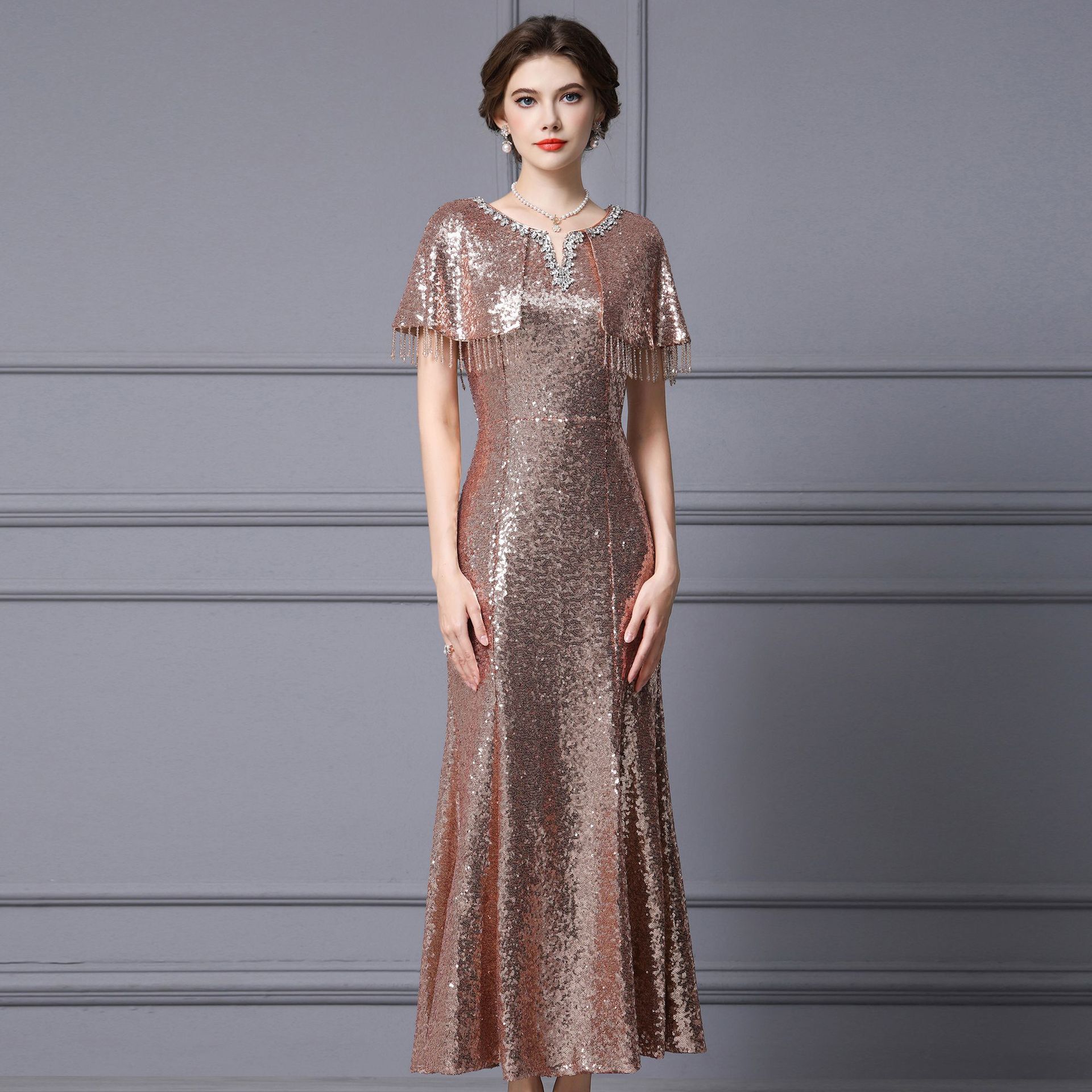Zhili Banquet Dress Summer Women's 2026 New Model for Important Occasions Exquisite Cape Sequin Long Light Formal Dress