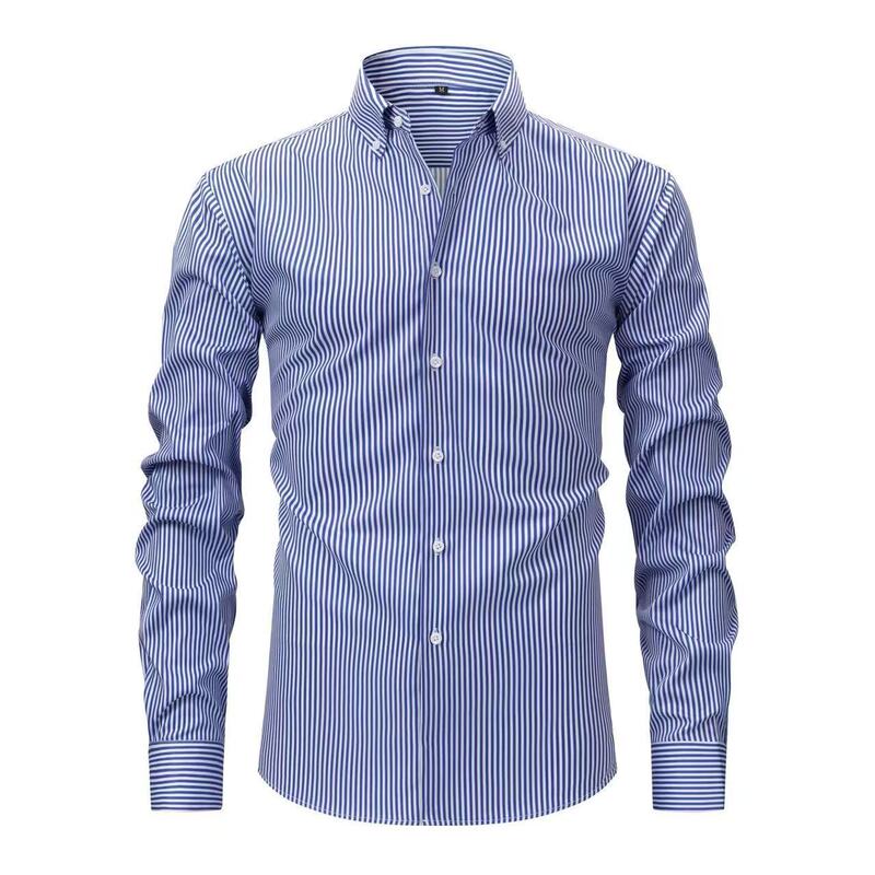 Wholesale Cross-Border Four-Way Stretch Digital Print Striped Long-Sleeve Collared Men's Shirt, High-End Men's Shirt, Men's Clothing