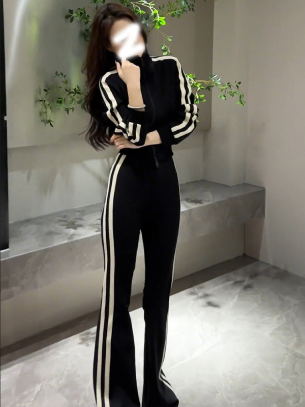 休闲运动套装女秋季新款小个子条纹时尚显瘦短款上衣阔腿裤两件套|undefined