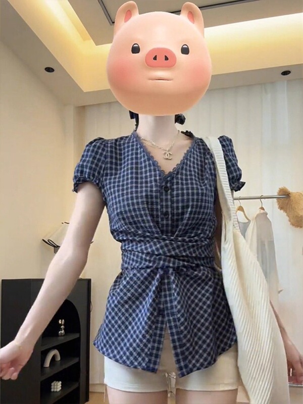 微胖巨瘦大码胖mm蕾丝边格子短袖衬衫女夏季不规则设计感绑带上衣|undefined