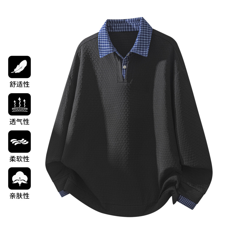 Contrast Color Plaid Polo Collar Sweatshirt Men's 2026 Spring New Casual Textured Versatile Top Sweatshirt for Men