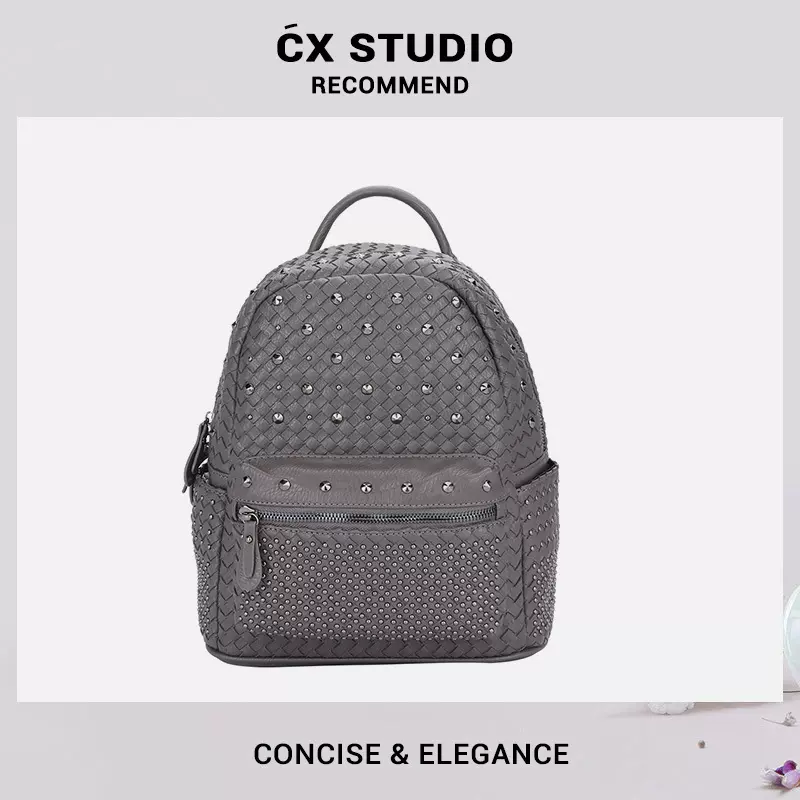 双肩包包女2026新款潮单肩斜挎两用女包时尚编织铆钉背包一件代发