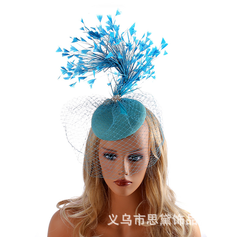 Amazon imitation linen hat noble party hairband hairpin European and American solid color pearl diamond feather headdress