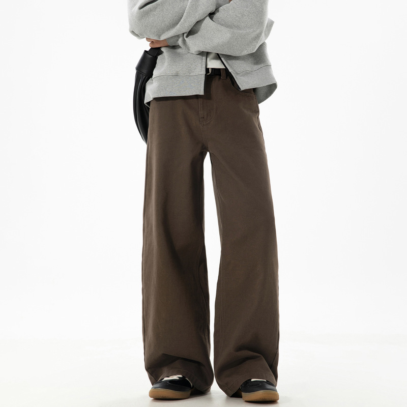 Men's Autumn New Style Twill Loose Straight Casual Pants, Textured Pure Cotton, Semi-Elastic, Trendy Retro Long Pants