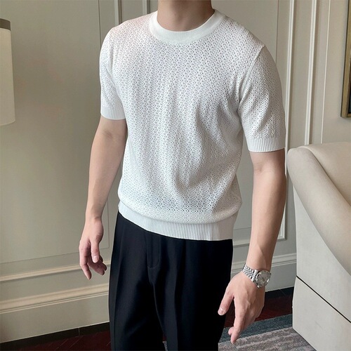 Casual Knit Short-Sleeve Men's British Retro Lightweight Mature Style Laced Breathable Fitted T-Shirt Top Under Shirt