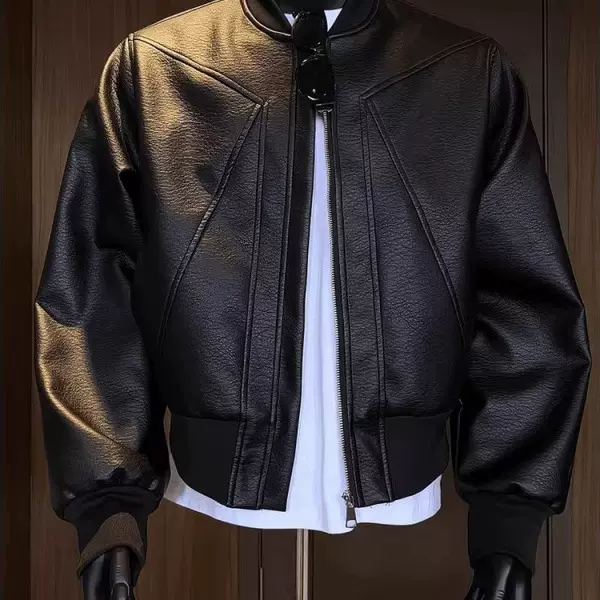 短款机车皮衣外套男秋cleanfit美式飞行夹克高级感痞帅无领棒球服