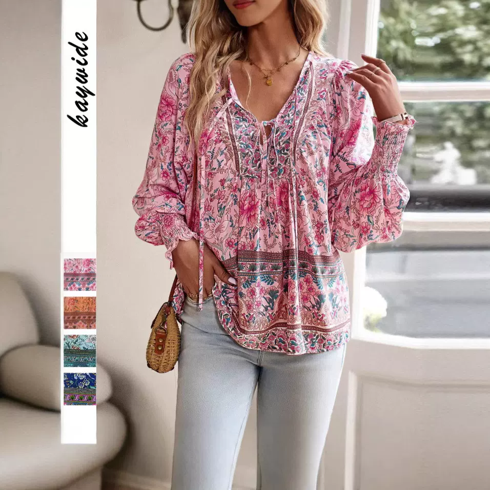 欧美跨境2025春夏新款波西米亚度假风印花v领系带长袖上衣衬衫女