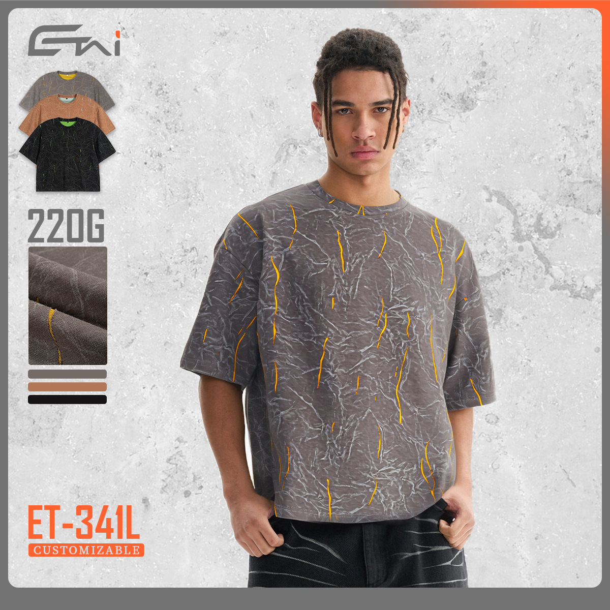 ETAI Hombre| Alta sensación de dos colores estampado relámpago corto ancho marca de alta calidad batítico camiseta de manga corta Boxy hombre