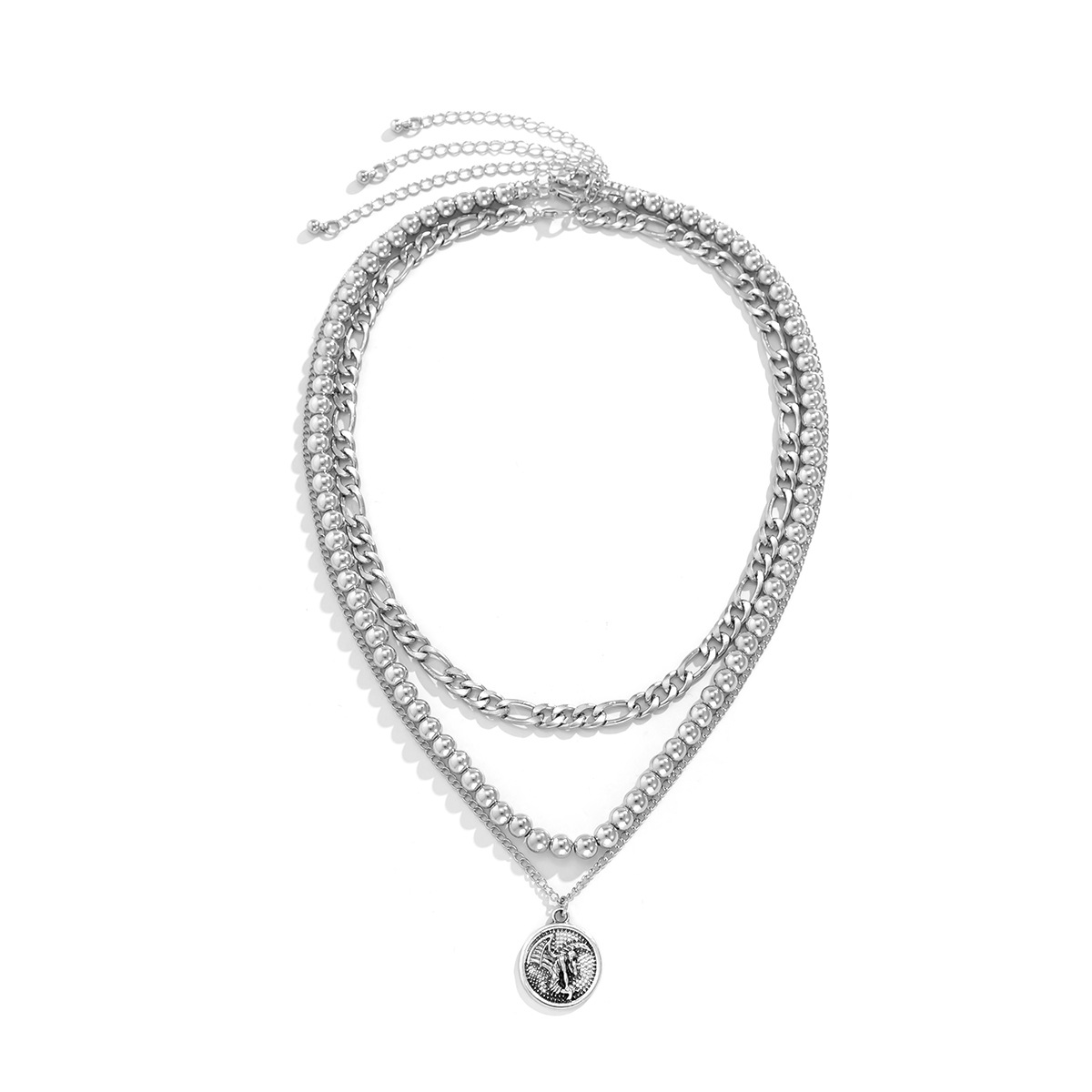 Fashion Metal Punk Twin Chain round Beads Portrait Pendant Alloy Necklace
