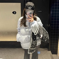 条纹蝴蝶结棉服外套女2025新款冬季小个子棉衣面包服加厚保暖棉袄