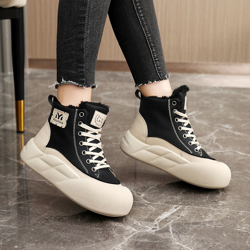 G3509 New New Autumn Winter Thick-Soled Women's Cotton Shoes Color-Block High-Top Warm Fleece Height-Increasing Simple_voghion.com