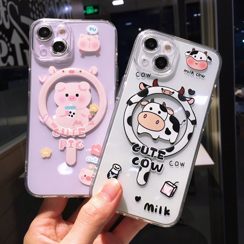 Suitable for iPhone 15 phone Apple 14 transparent cartoon couple, super cute little pig magnetic case, TPU full coverage_voghion.com