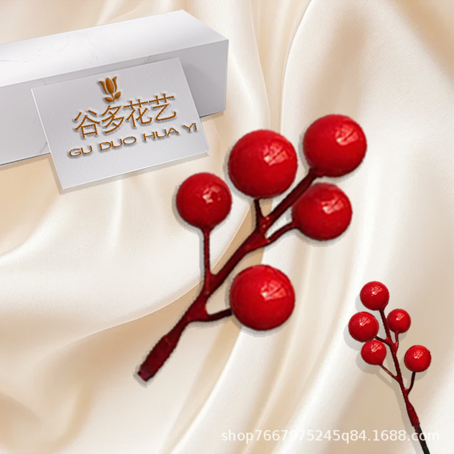 Manufacturer Wholesale Red Berries, Holly Berries, Red 5-Head Christmas Fruit Foam Accessories, 5-Head Artificial Flower Wholesale