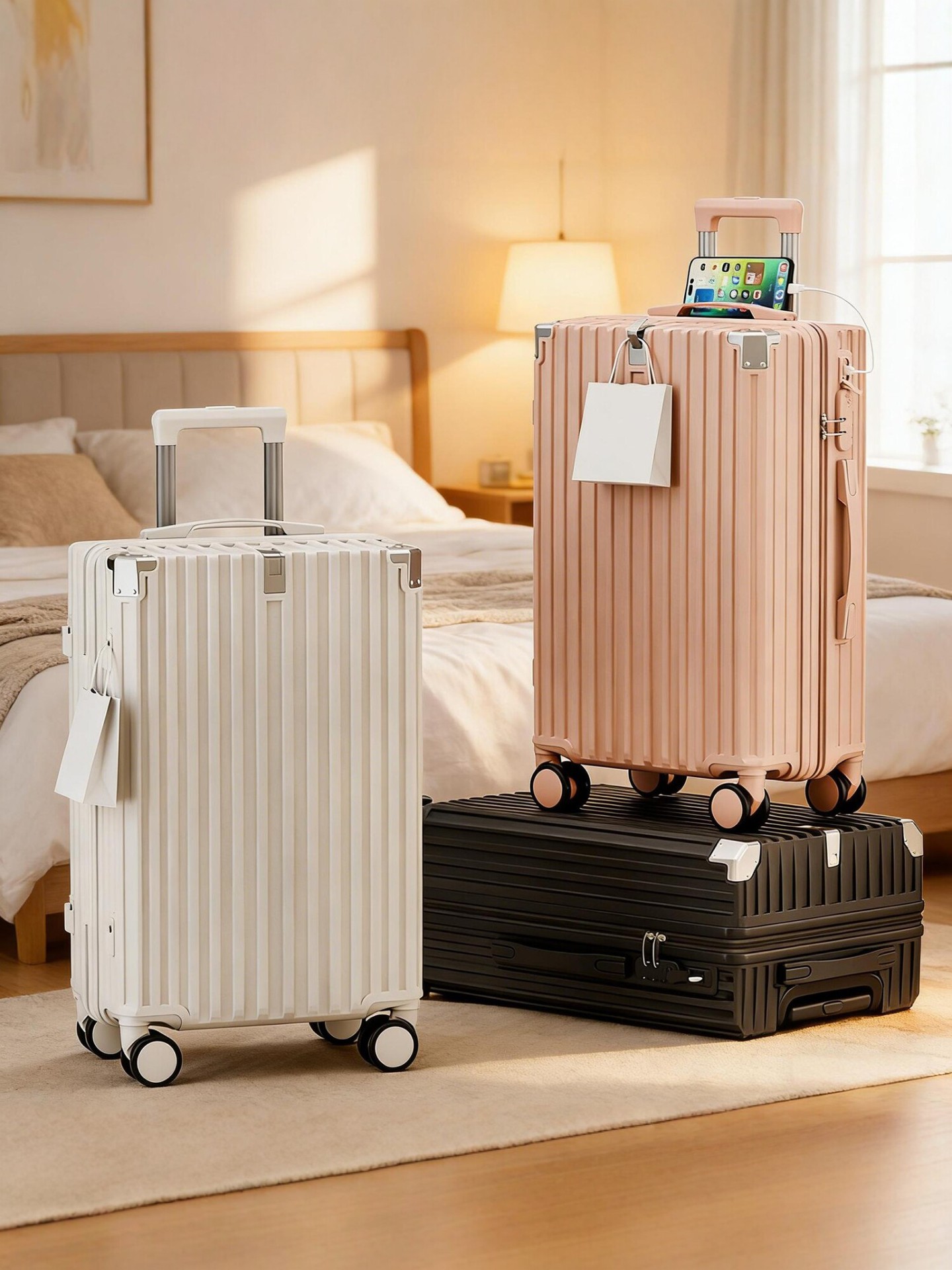 Vali nhựa PC 24 inch chống va đập, bánh xe xoay 360 độ, dung tích lớn, khóa mật khẩu — Góc chống va chạm đa chức năng màu trắng