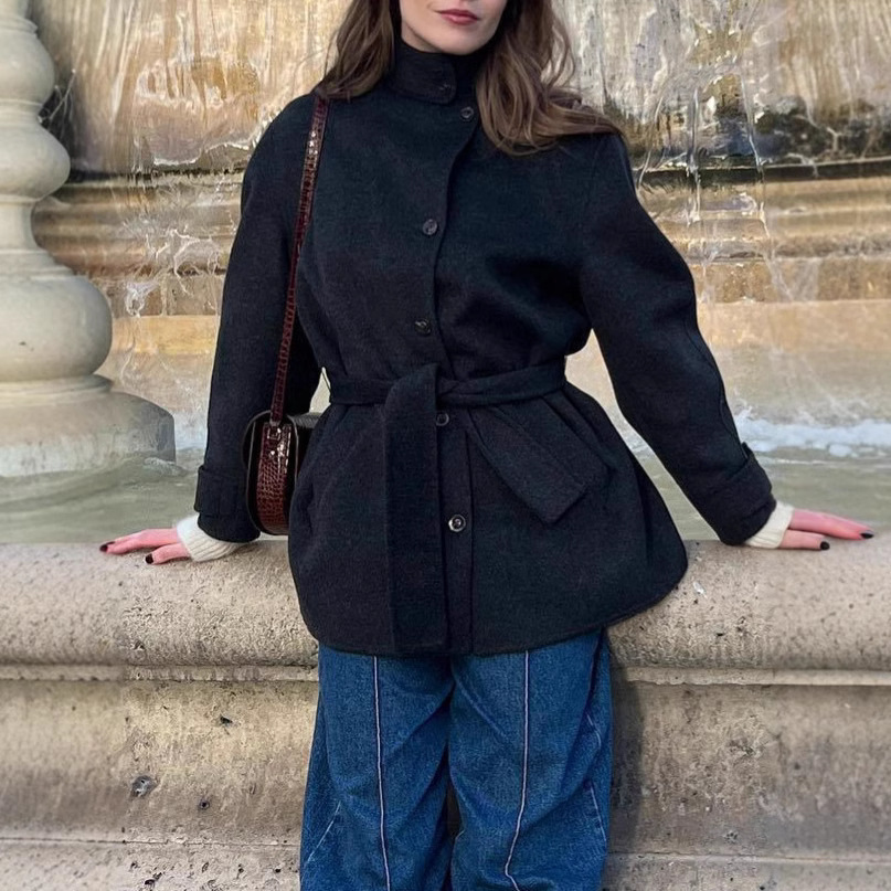 Damkläder Höst och vinter Nytt dambälte Halvhög krage enfärgad yllerock_voghion.com