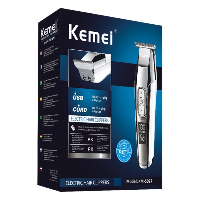 Cortadora de Pelo Kemei KM-5027, Cortadora Eléctrica Silenciosa de Voltaje Amplio con Pantalla Digital, Cortadora de Cabello Recargable con Cabezal de Aceite, Recortadora de Precisión