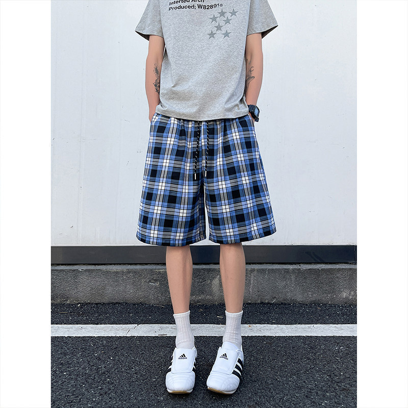American Retro Style Relaxed Blue Plaid Shorts for Men, Summer Breathable Elastic Waist Basketball Shorts, Sports Five-Point Pants