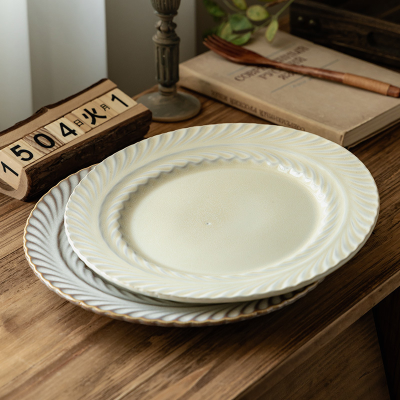 Platos de espigas de trigo en relieve platos de cerámica domésticos platos de restaurantes japoneses retro platos de pasta platos platos redondos al por mayor