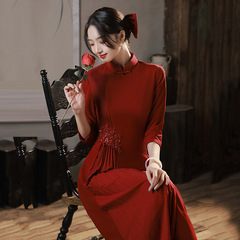 顯瘦奧黛紅色中式改良旗袍女復古喜婆婆喜媽媽婚宴裝連衣裙春秋裝