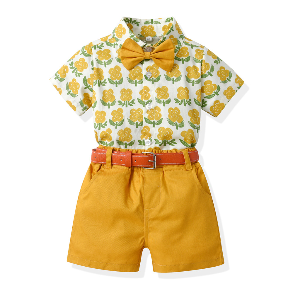 Impresión pastoral de verano con solapa camisa de mangas cortas para niños pantalones cortos dos piezas set coreano para niños y niñas show dress set